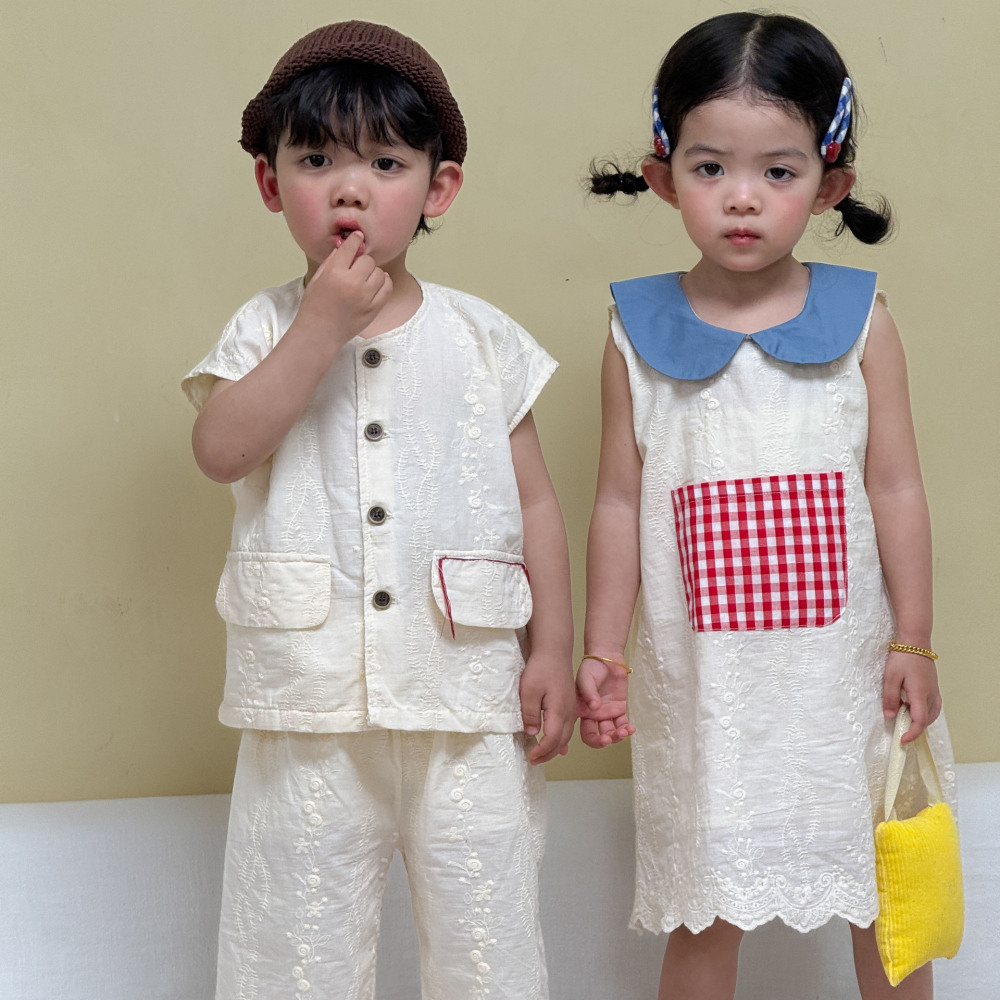 儿童夏季无袖套装男童纯棉2026新款宝宝刺绣女童背心连衣裙兄妹装