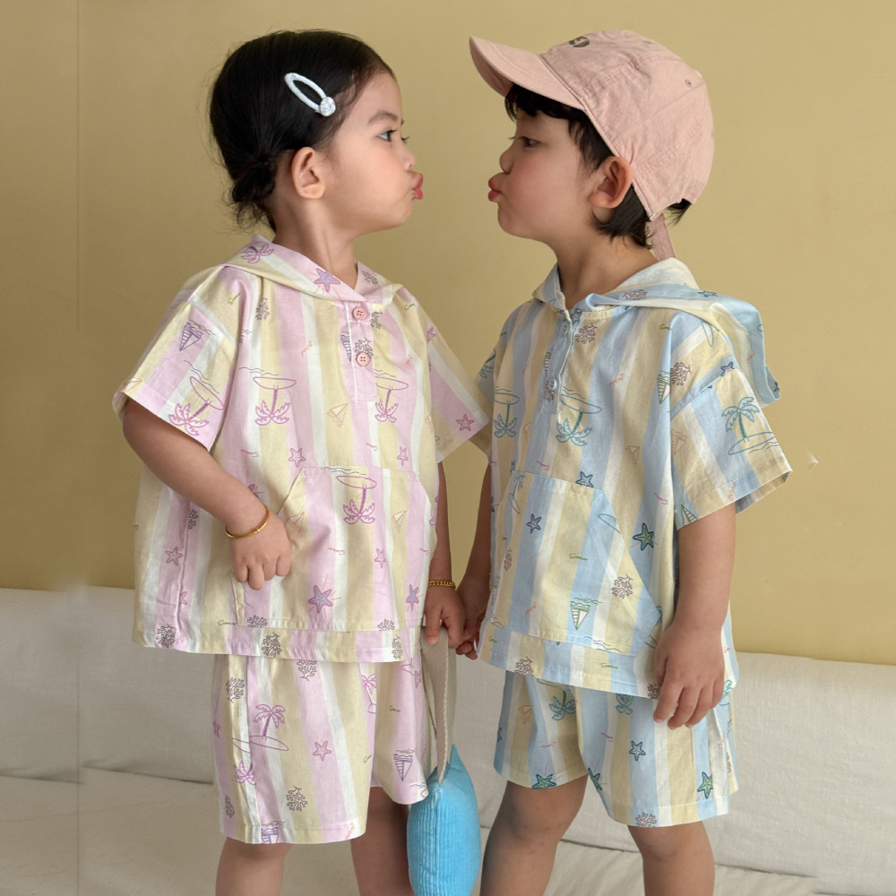 儿童夏季套装连帽女童宽松休闲条纹2026新款男童短袖短裤宝宝衣服