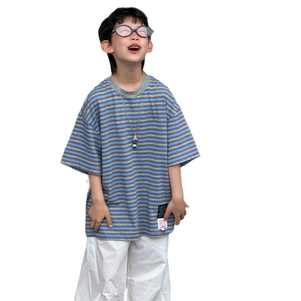 棉小铺男童夏季衣服儿童短袖t恤2026新款气质韩版清爽条纹童装潮