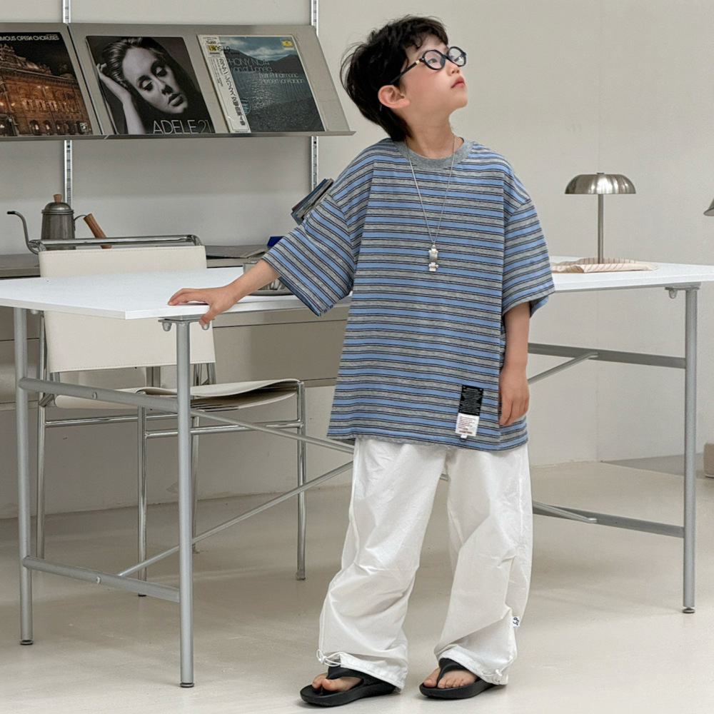 棉小铺男童夏季衣服儿童短袖t恤2026新款气质韩版清爽条纹童装潮