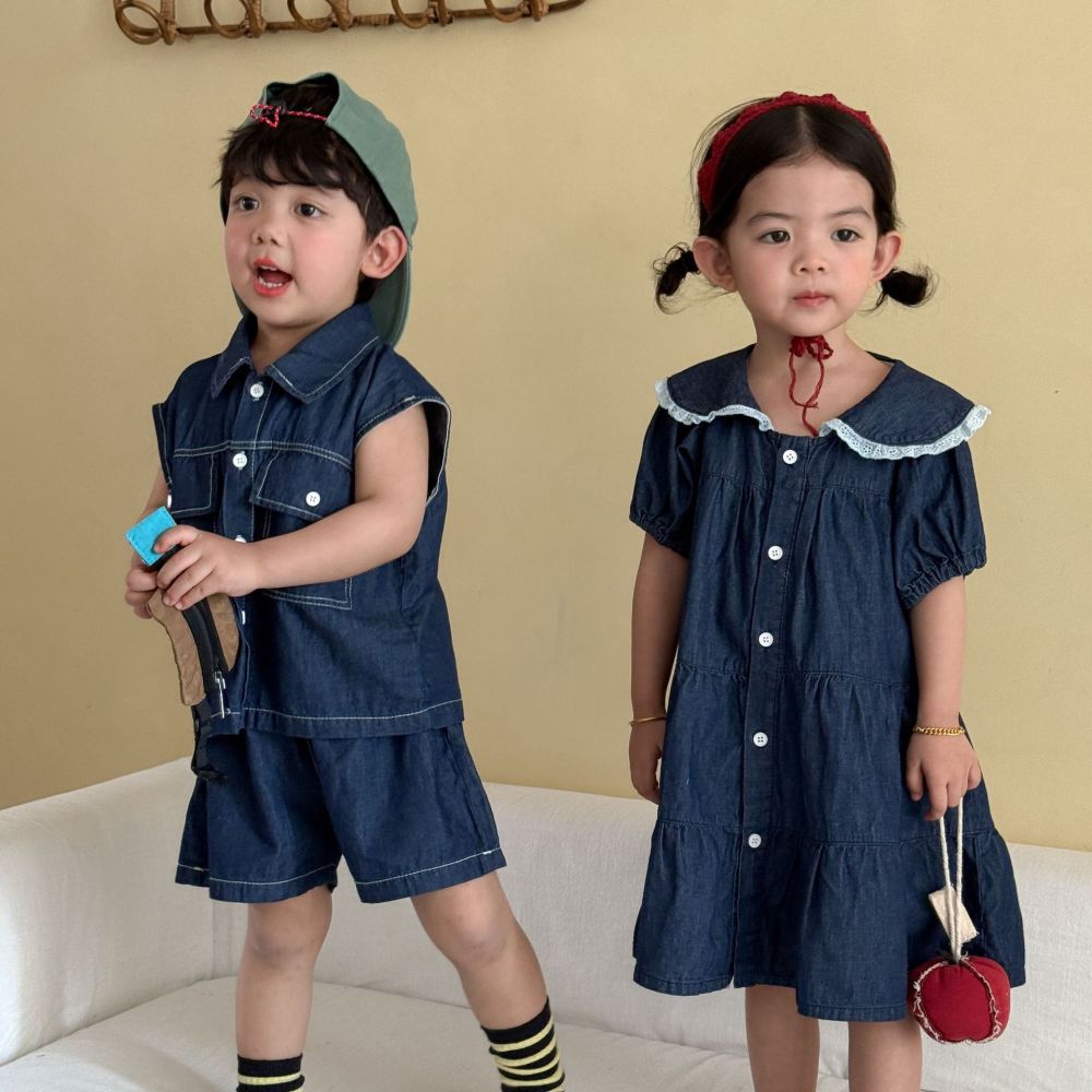 儿童夏季牛仔套装男童无袖2026新款宝宝女童短袖连衣裙姐弟兄妹装