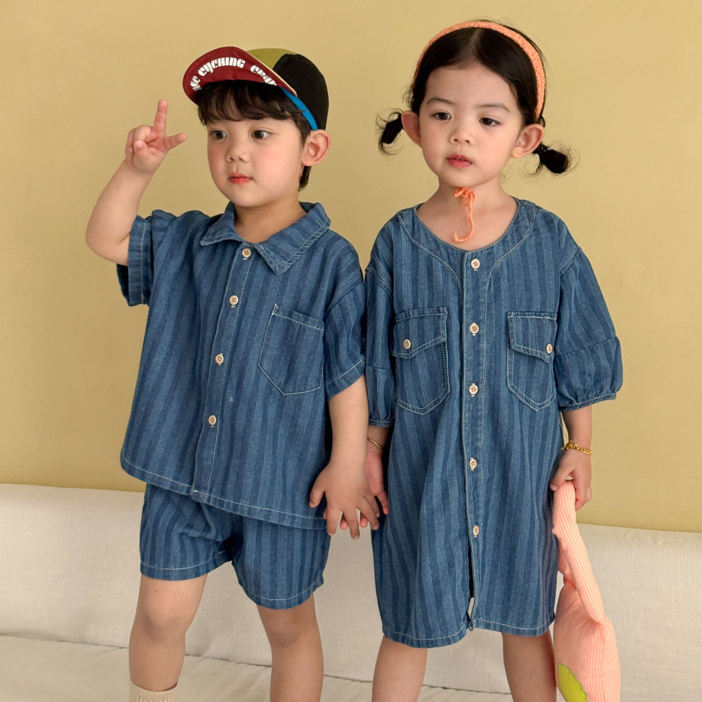 儿童夏季牛仔衬衫套装男童条纹2026新款宝宝女童连衣裙姐弟兄妹装