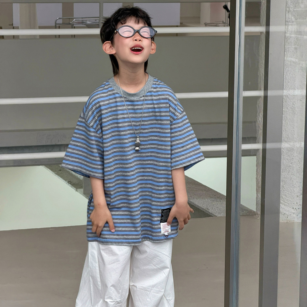 棉小铺男童夏季衣服儿童短袖t恤2026新款气质韩版清爽条纹童装潮