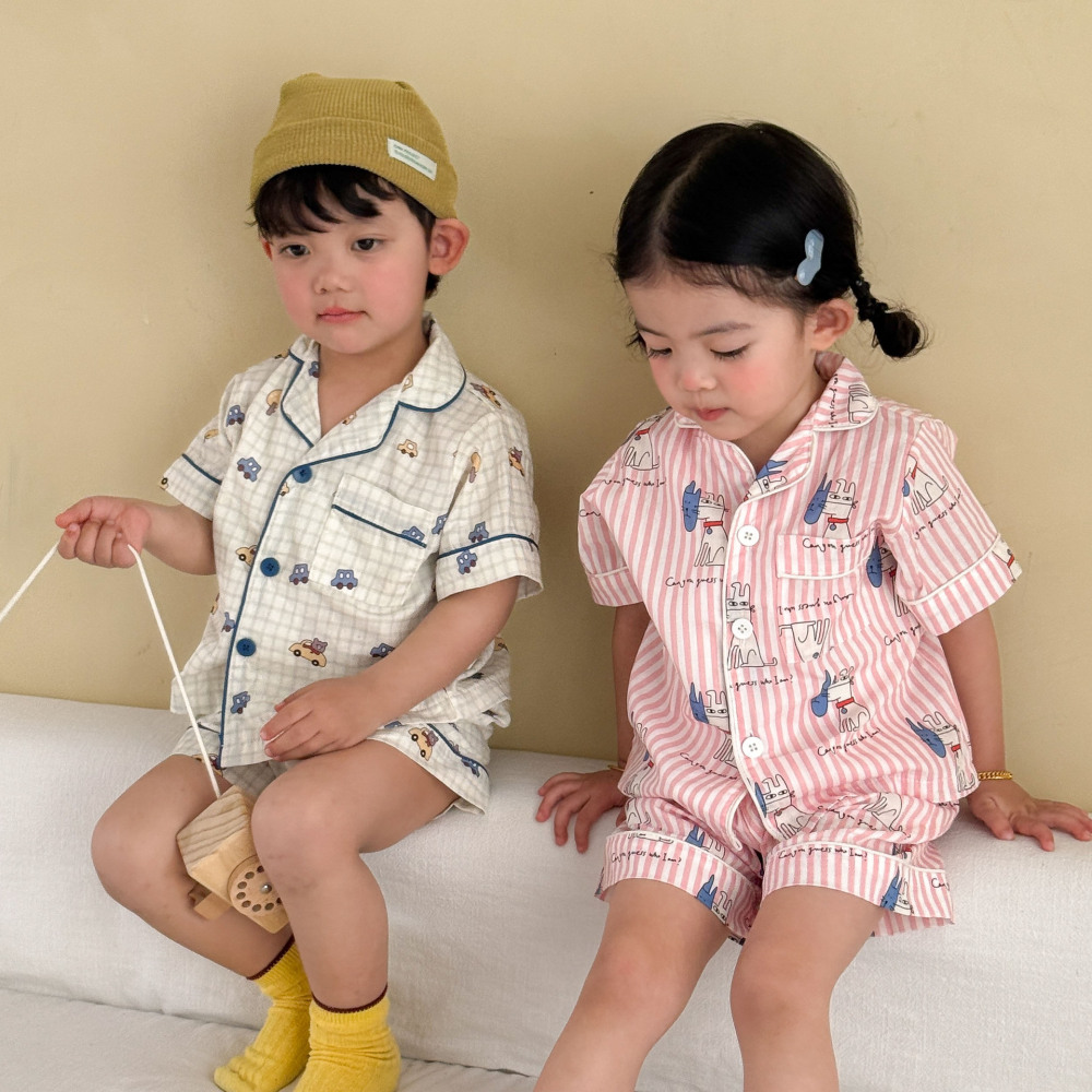 儿童睡衣夏季薄款女童条纹2026新款男童短袖裤套装小孩宝宝家居服
