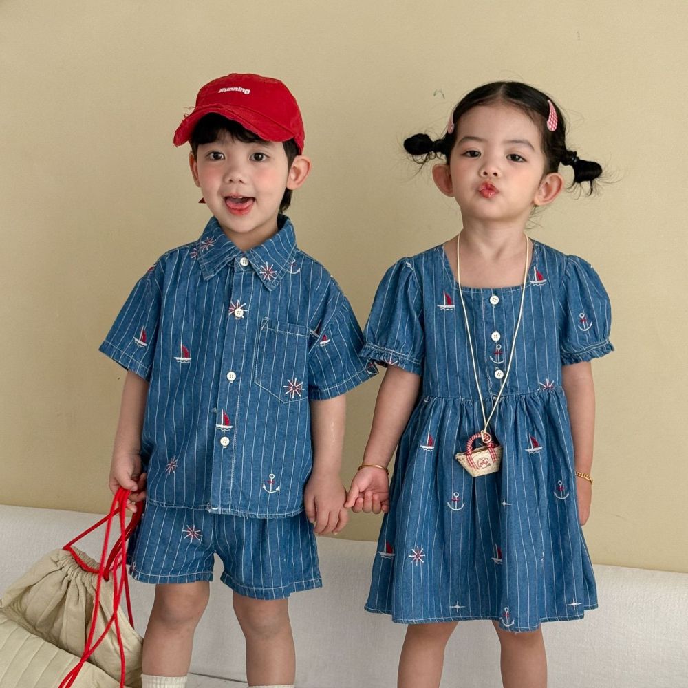 儿童夏季牛仔套装男童短袖2026新款宝宝洋气女童连衣裙姐弟兄妹装