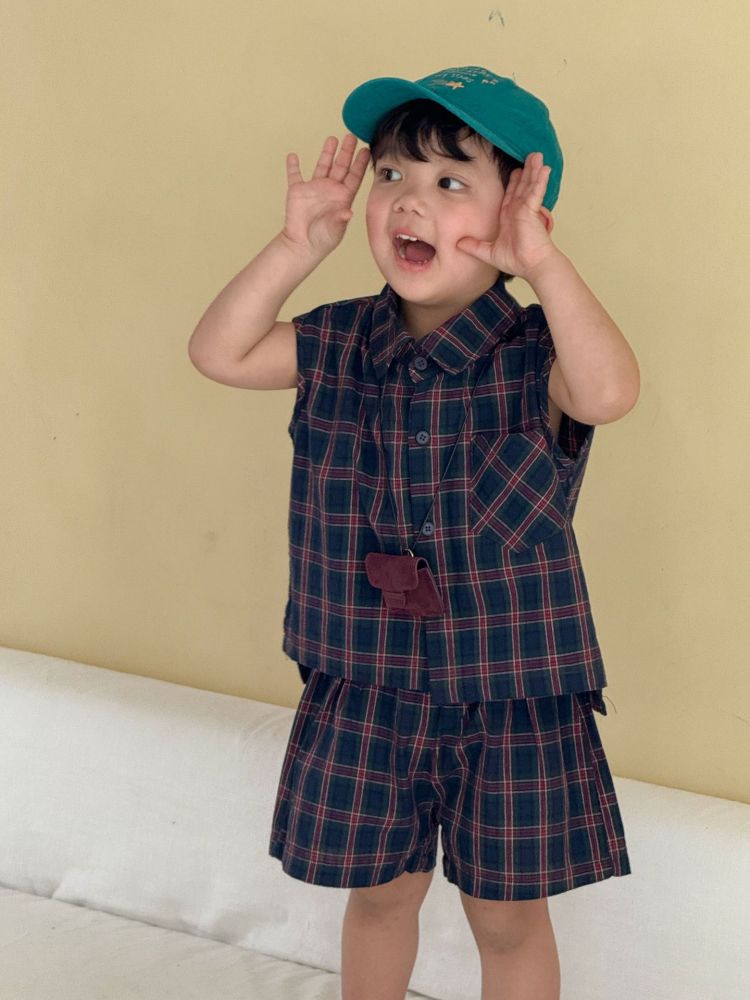 儿童夏季套装女童纯棉格子2026新款宝宝休闲男童背心短裤兄妹夏装