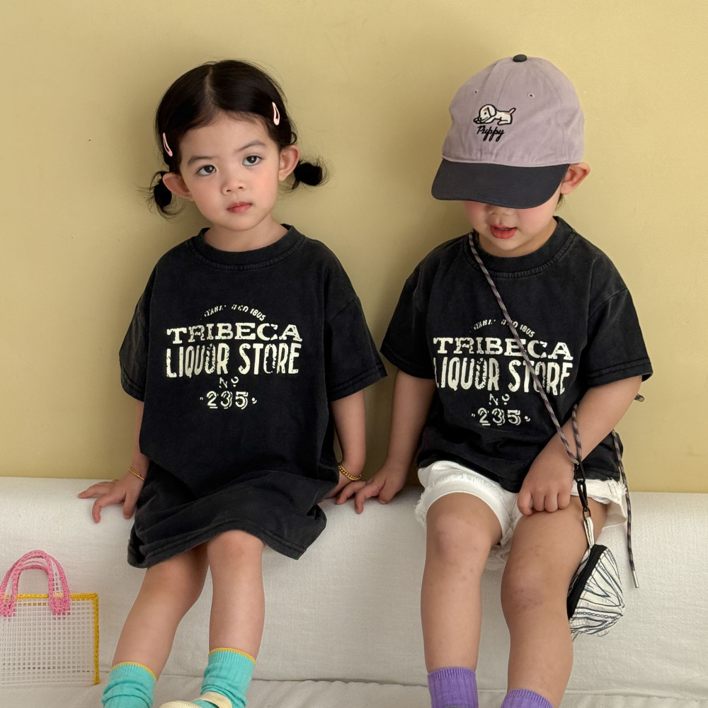 女童连衣裙夏季做旧纯棉儿童2026新款男童短袖T恤上衣宝宝兄妹装