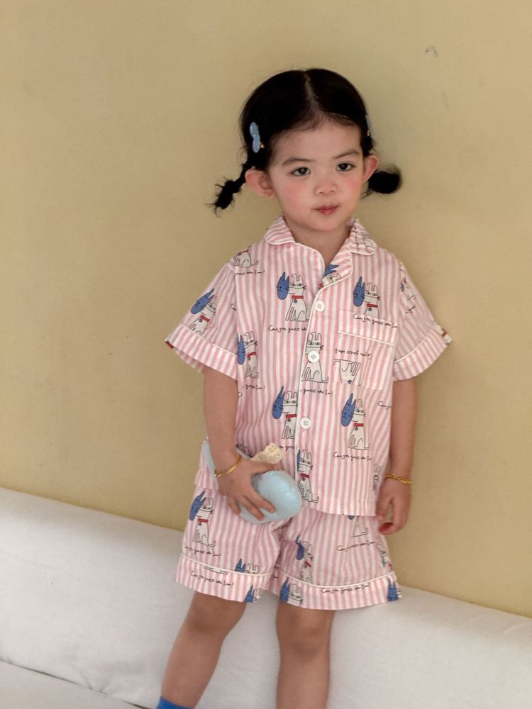 儿童睡衣夏季薄款女童条纹2026新款男童短袖裤套装小孩宝宝家居服