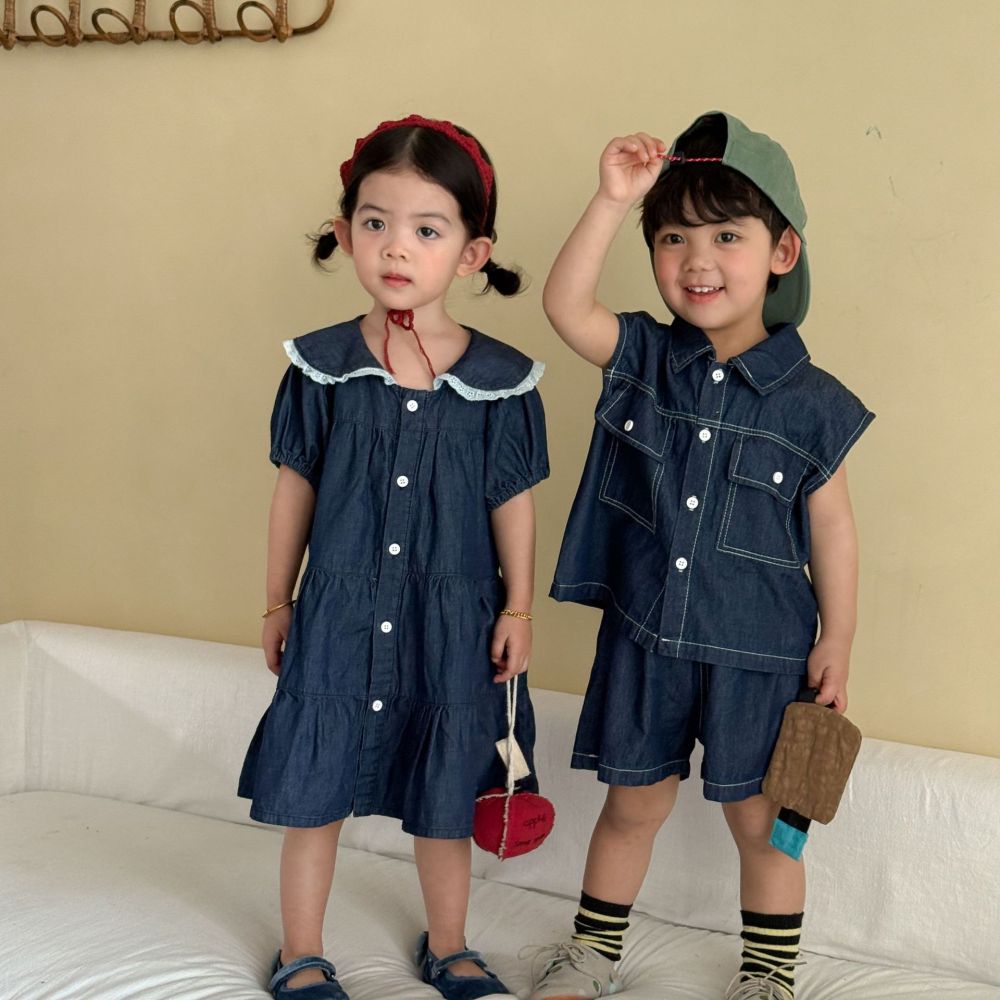 儿童夏季牛仔套装男童无袖2026新款宝宝女童短袖连衣裙姐弟兄妹装