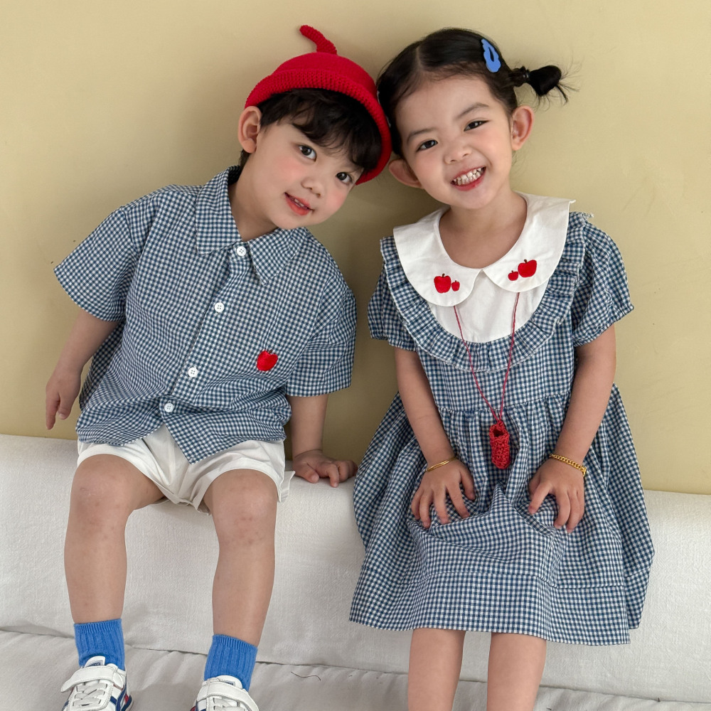 儿童夏季短袖套装男童格子2026新款宝宝洋气纯棉女童连衣裙兄妹装