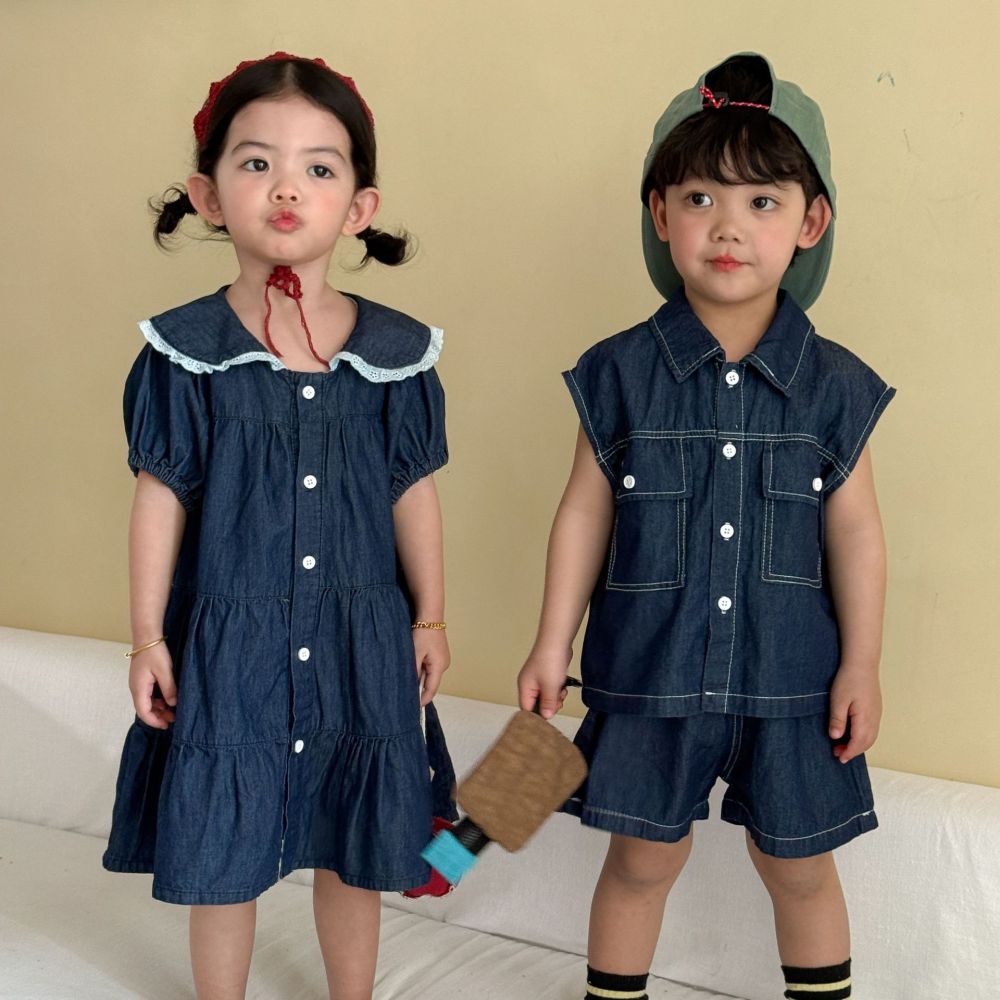 儿童夏季牛仔套装男童无袖2026新款宝宝女童短袖连衣裙姐弟兄妹装