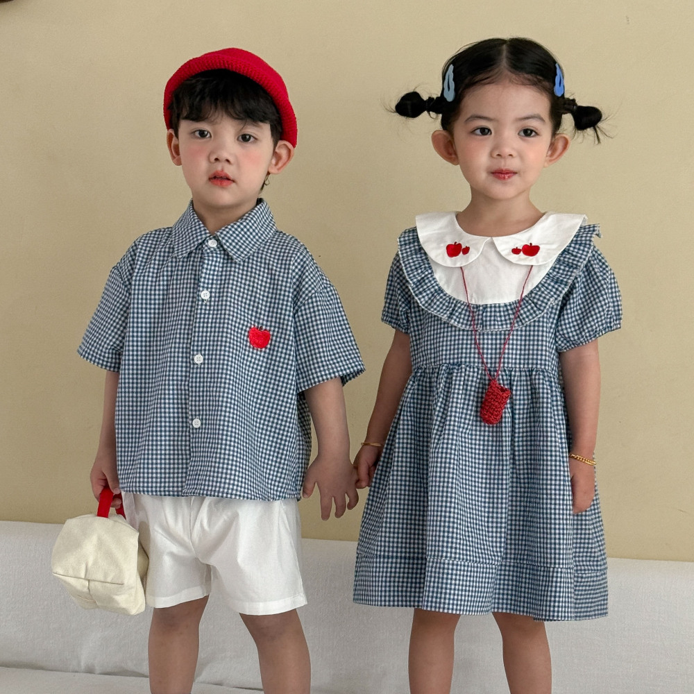 儿童夏季短袖套装男童格子2026新款宝宝洋气纯棉女童连衣裙兄妹装