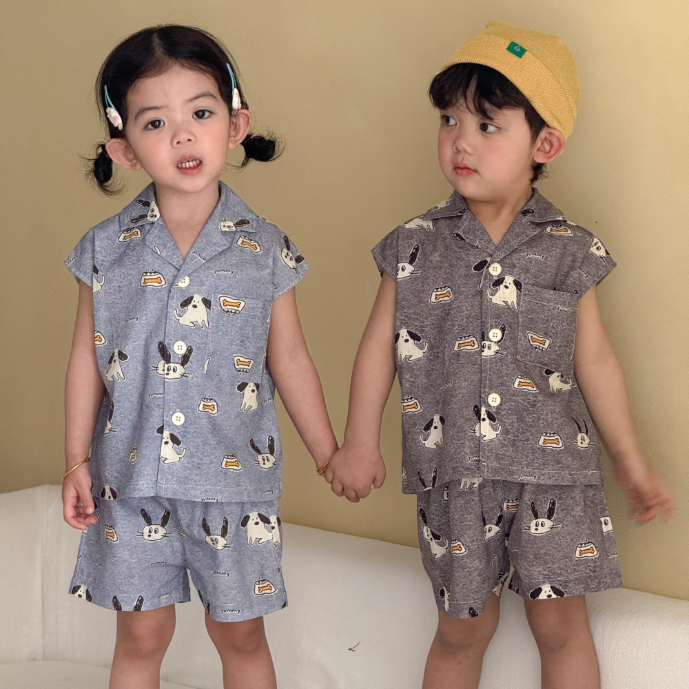 儿童夏季套装女童宽松休闲2026新款夏装男童无袖衬衫短裤宝宝衣服