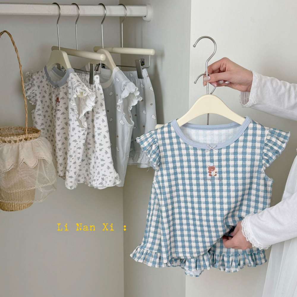 87135女童夏ins睡衣套26新款高弹螺纹飞袖背心+短裤两件套薄款透