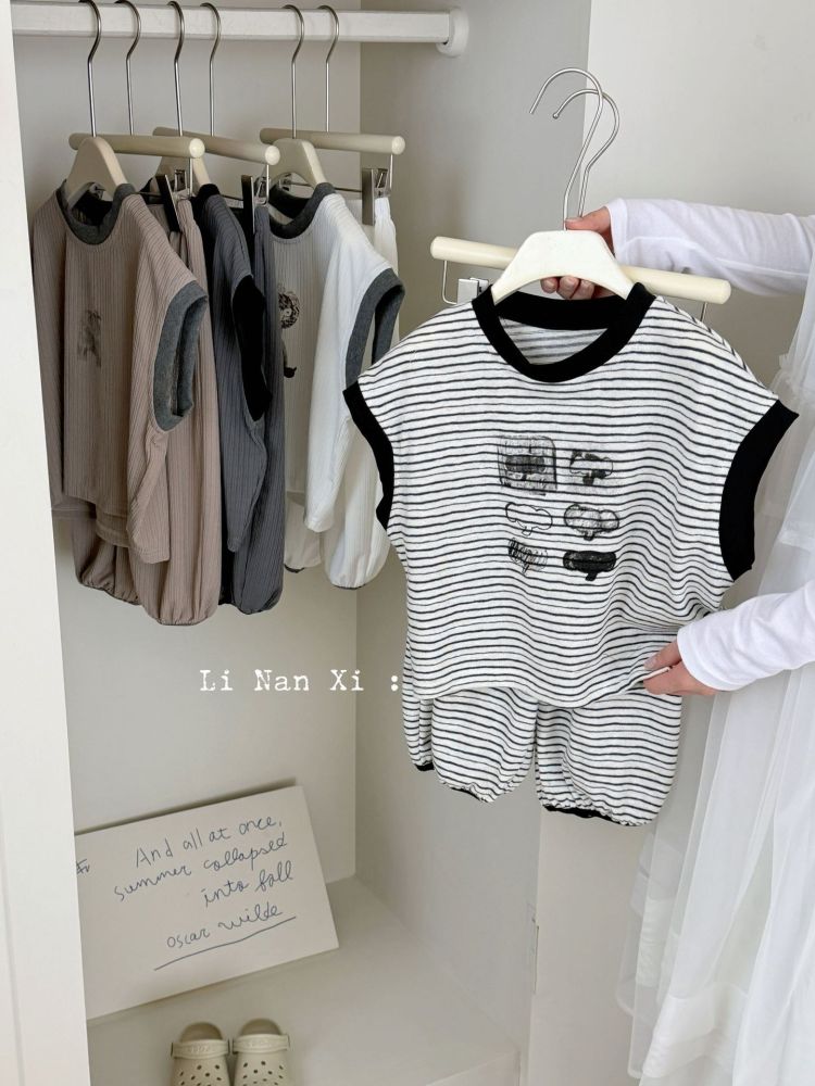 87188男童条纹睡衣套装26夏新款冰丝薄款儿童家居服背心长裤两件