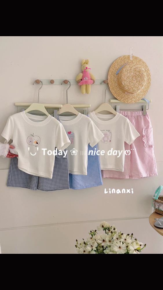 87126儿童休闲套26新款女童家居服莱卡棉睡衣格纹卡通两件套透气