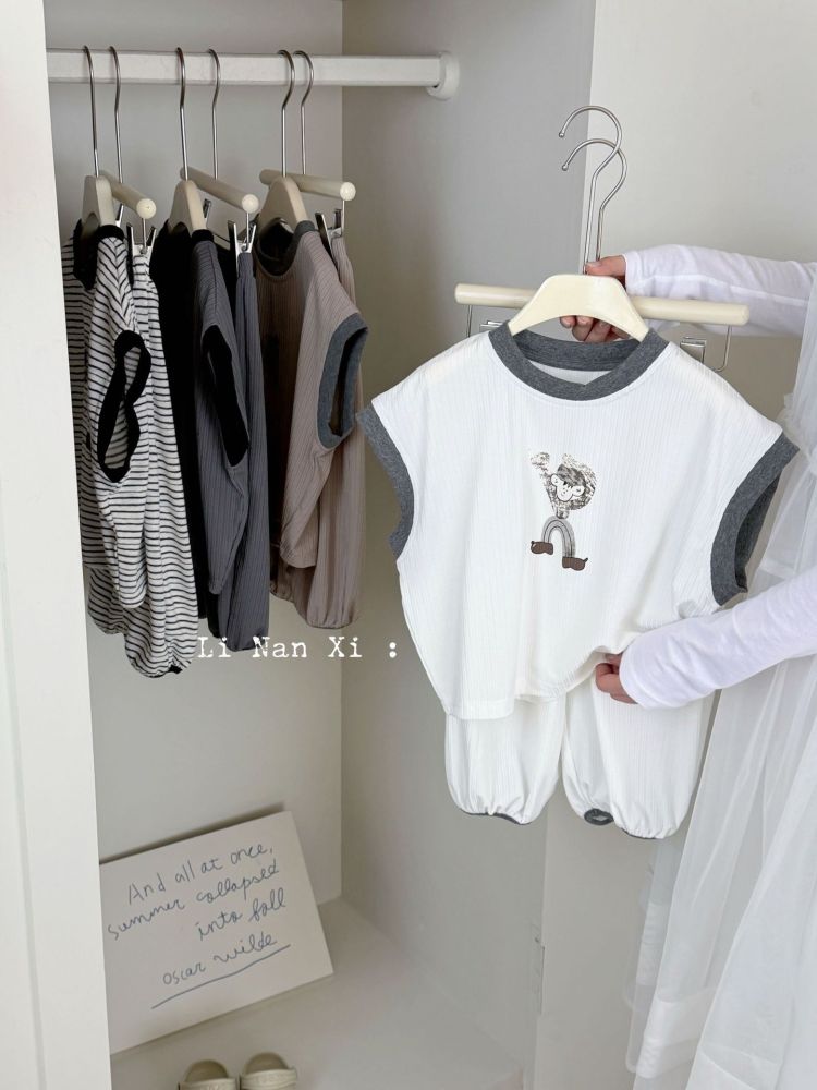 87188男童条纹睡衣套装26夏新款冰丝薄款儿童家居服背心长裤两件