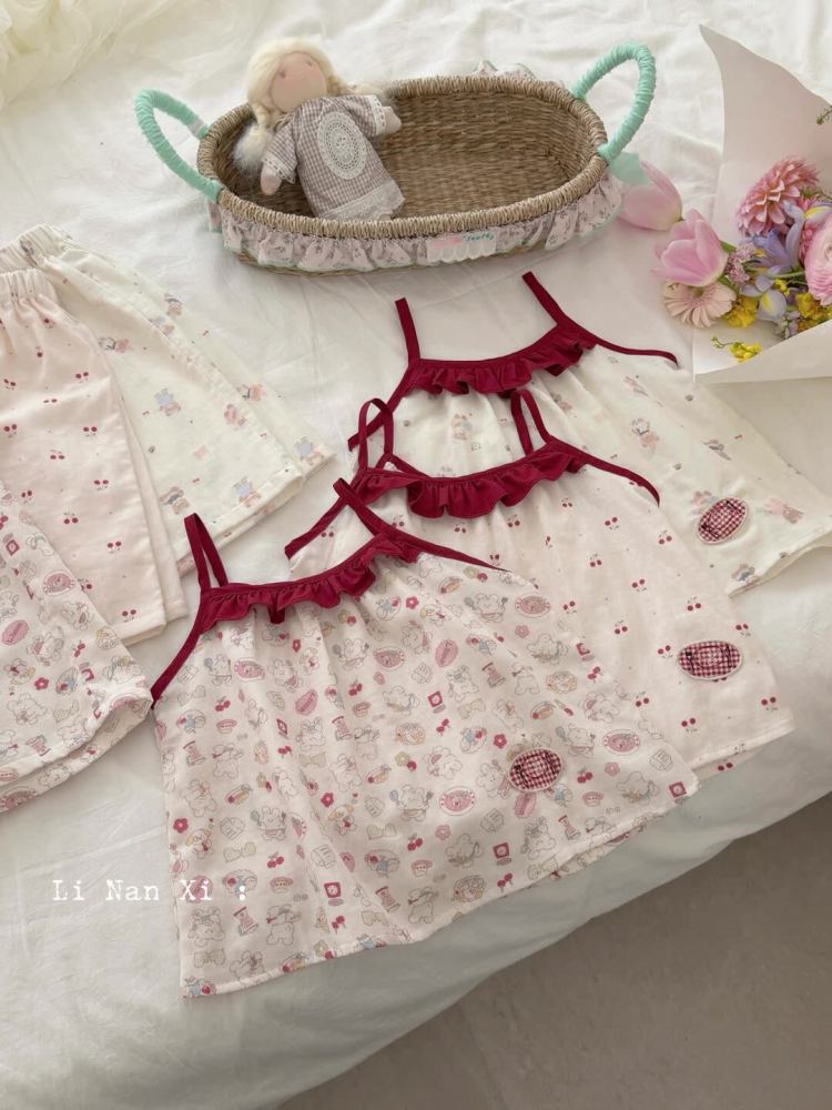 87110女童a类家居服套装睡衣2026夏季新款吊带花边棉纱透气薄款