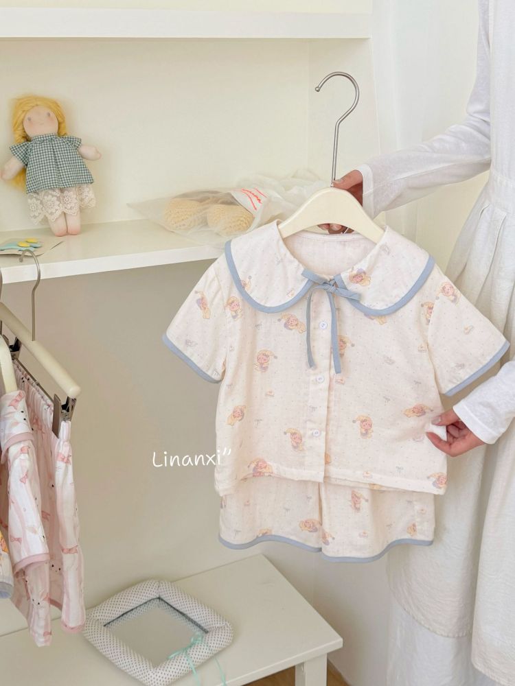 87140女童双层棉纱套装26新数码无感印花家居服a类睡衣韩版两件套