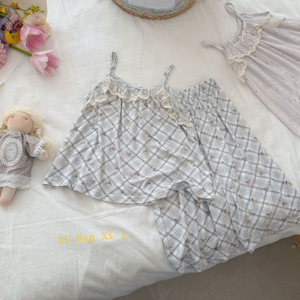87129女童夏优可丝睡衣26新款冰肌棉凉感透气吊带7分裤家居服套装