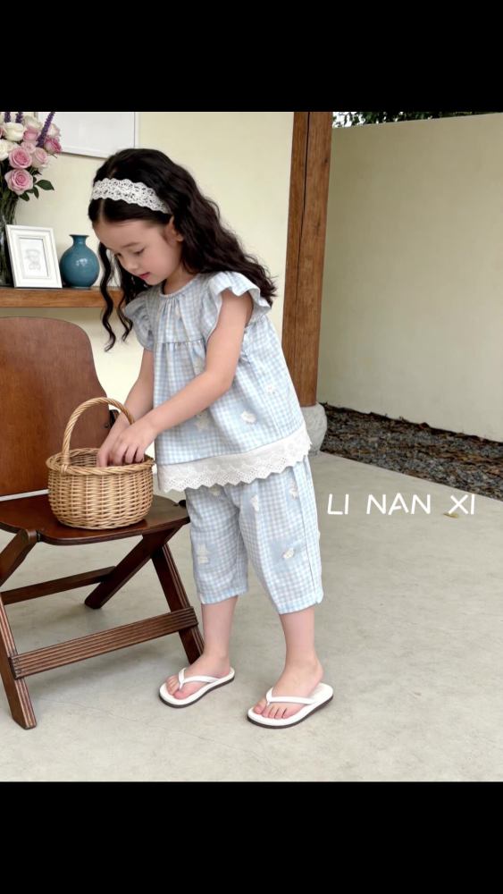 87108女童夏双层棉纱睡衣套2026年新款飞袖全棉a类家居服纱布套装