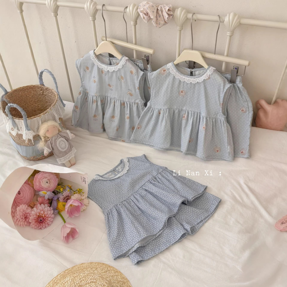 87112女童夏双层棉纱睡衣套装26新韩版碎花娃娃衫短裤家居服两件