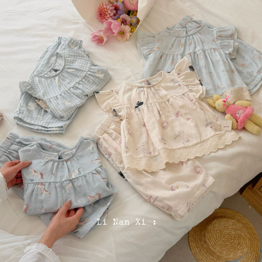 87108女童夏双层棉纱睡衣套2026年新款飞袖全棉a类家居服纱布套装