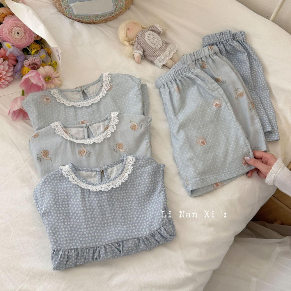 87112女童夏双层棉纱睡衣套装26新韩版碎花娃娃衫短裤家居服两件