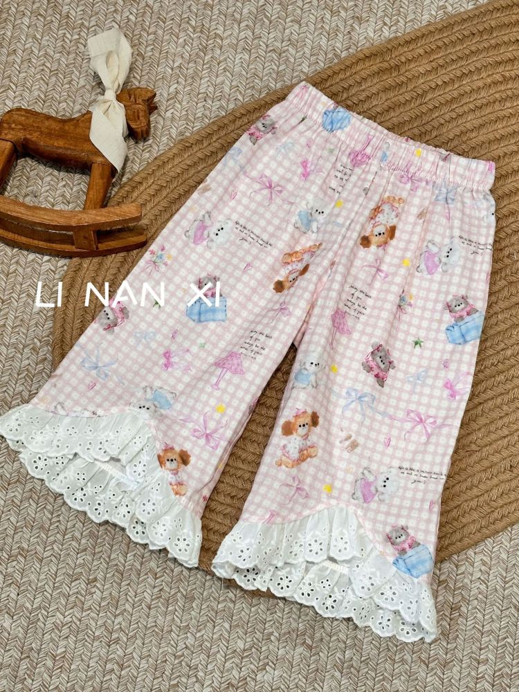 87067女童双层棉纱防蚊裤26夏新纯棉a类吸汗透气卡通长裤蕾丝花边