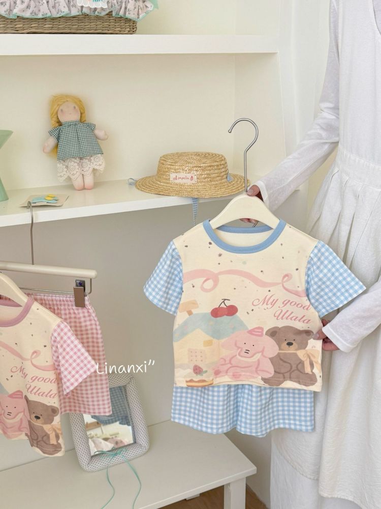 87093儿童短袖套装26夏季宝宝t恤男童家居服女童睡衣夏装童装薄款