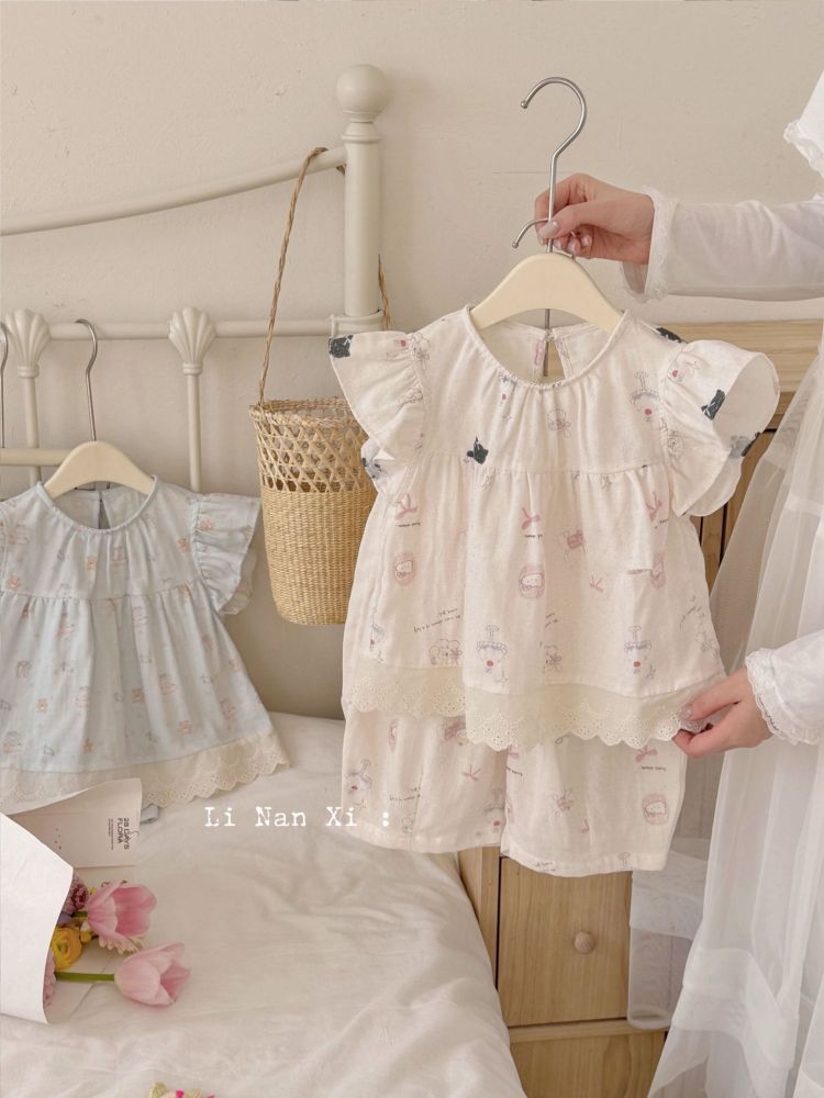 87108女童夏双层棉纱睡衣套2026年新款飞袖全棉a类家居服纱布套装
