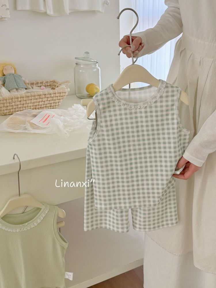 87128女童家居服高弹棉拉架罗纹宝宝背心短裤两件套针织透气吸汗
