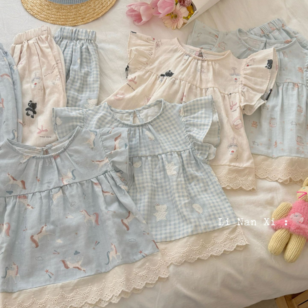 87108女童夏双层棉纱睡衣套2026年新款飞袖全棉a类家居服纱布套装