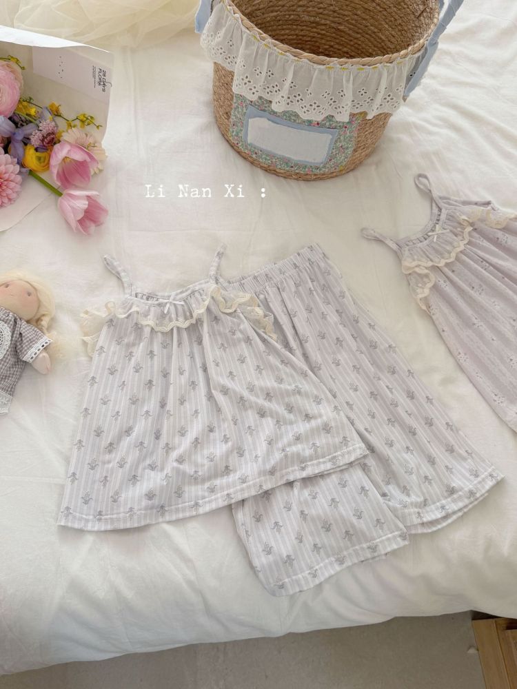 87129女童夏优可丝睡衣26新款冰肌棉凉感透气吊带7分裤家居服套装