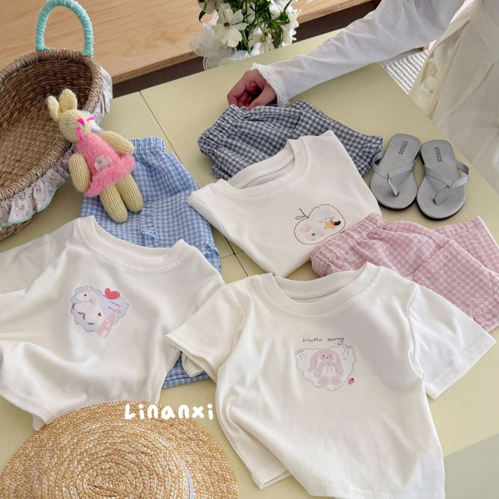 87126儿童休闲套26新款女童家居服莱卡棉睡衣格纹卡通两件套透气