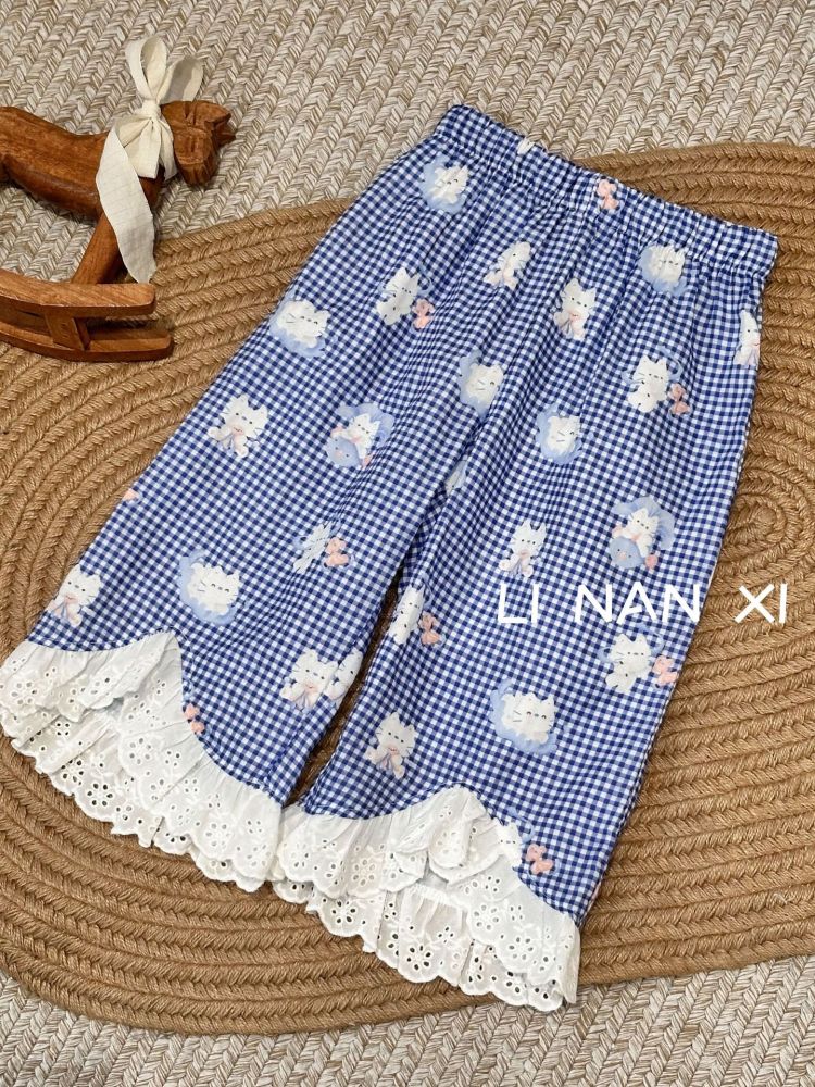 87067女童双层棉纱防蚊裤26夏新纯棉a类吸汗透气卡通长裤蕾丝花边