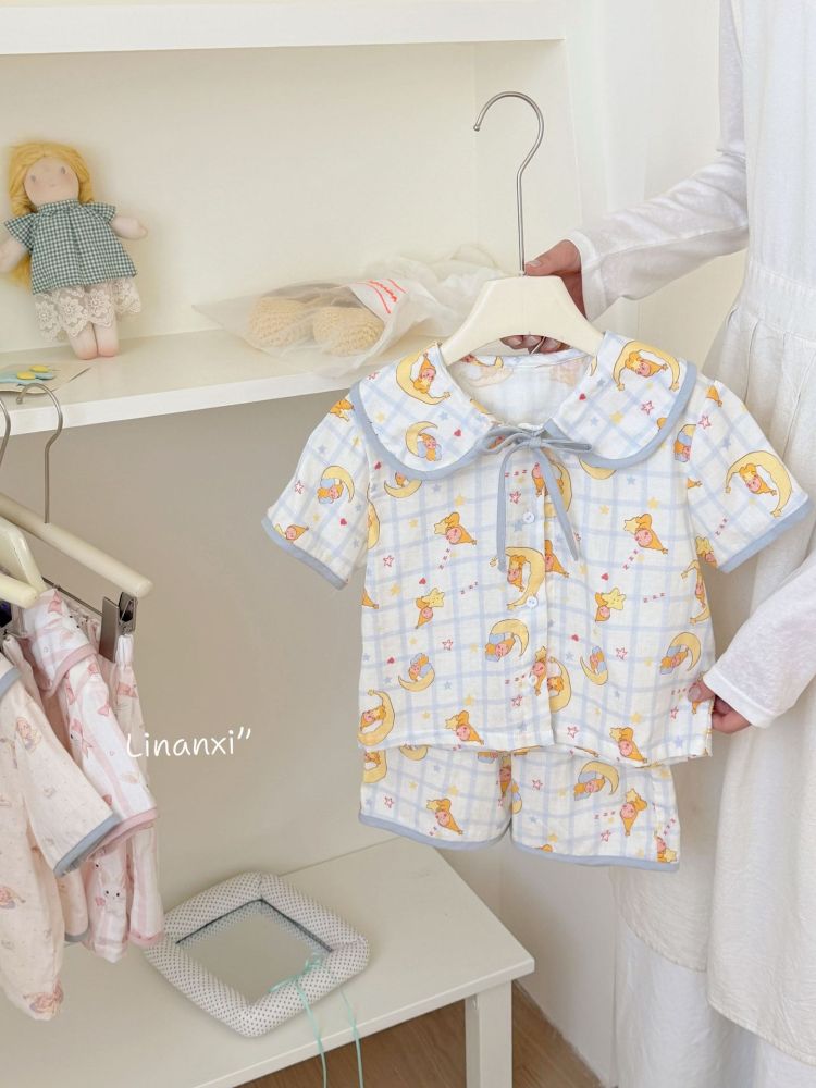 87140女童双层棉纱套装26新数码无感印花家居服a类睡衣韩版两件套
