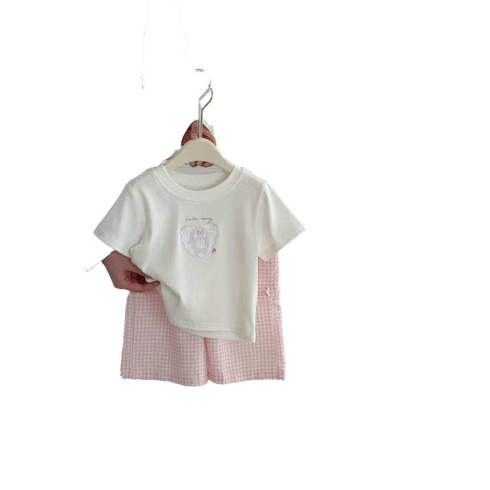 87126儿童休闲套26新款女童家居服莱卡棉睡衣格纹卡通两件套透气