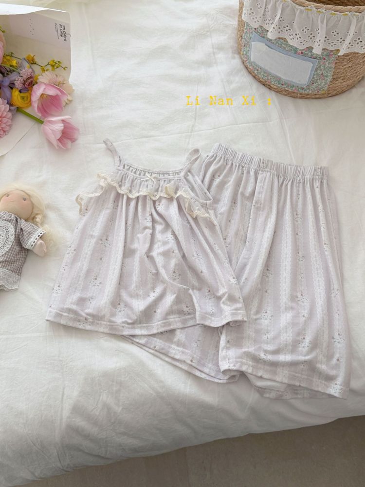 87129女童夏优可丝睡衣26新款冰肌棉凉感透气吊带7分裤家居服套装