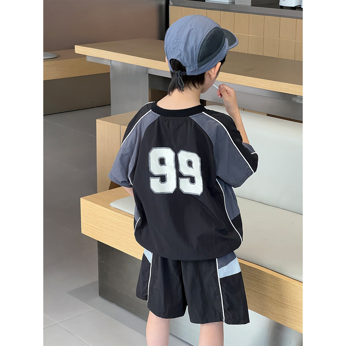 2026夏季新品韩版儿童宽松户外球服撞色数字印花两件套套装短袖潮