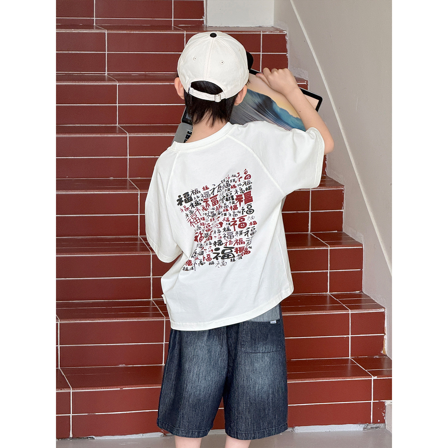 儿童短袖T恤2026夏季新款男女童不同书法福字印花休闲圆领上衣潮