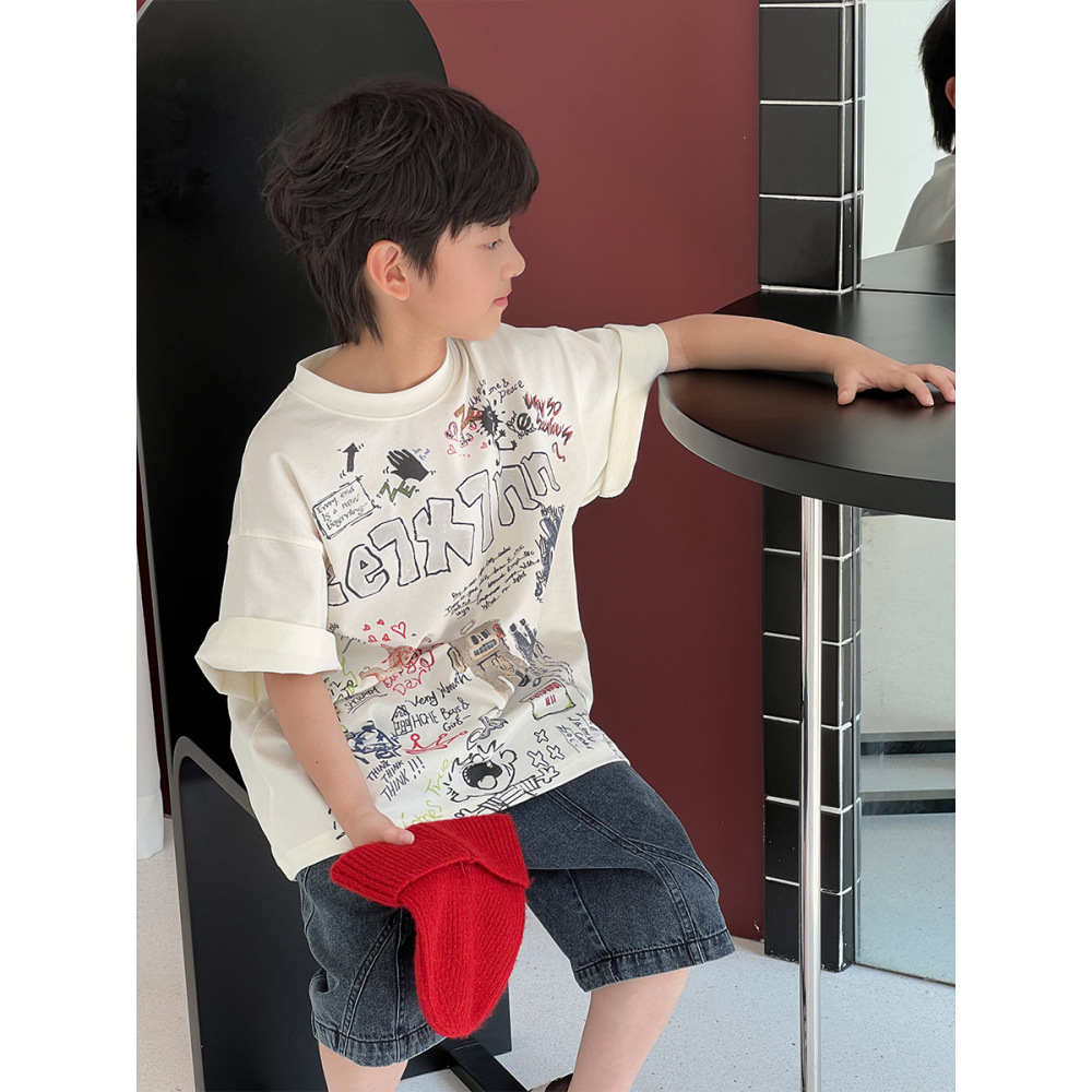 2026夏季新品男童女童时尚韩版创意印花休闲宽松短袖圆领套头T恤