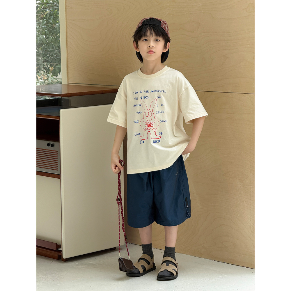 2026新品夏装韩版卡通长耳兔印花儿童短袖休闲宽松男女童百搭T恤
