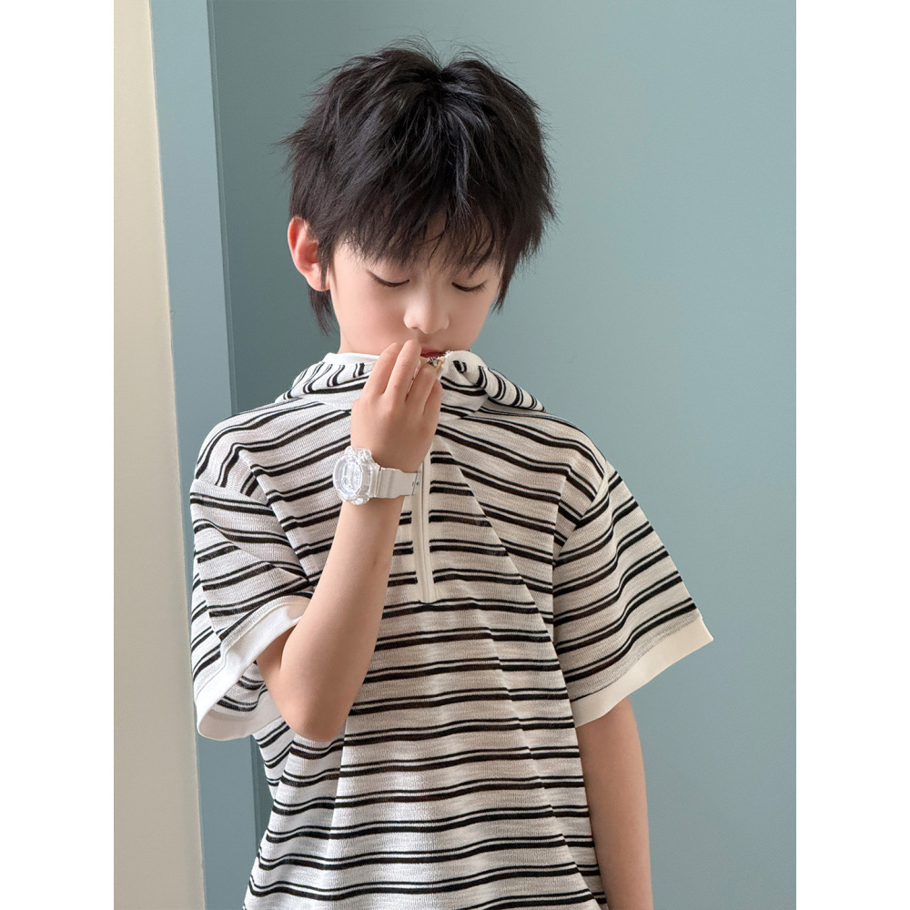 2026儿童短袖夏装男女童新款韩版撞色条纹设计套头连帽宽松T恤潮