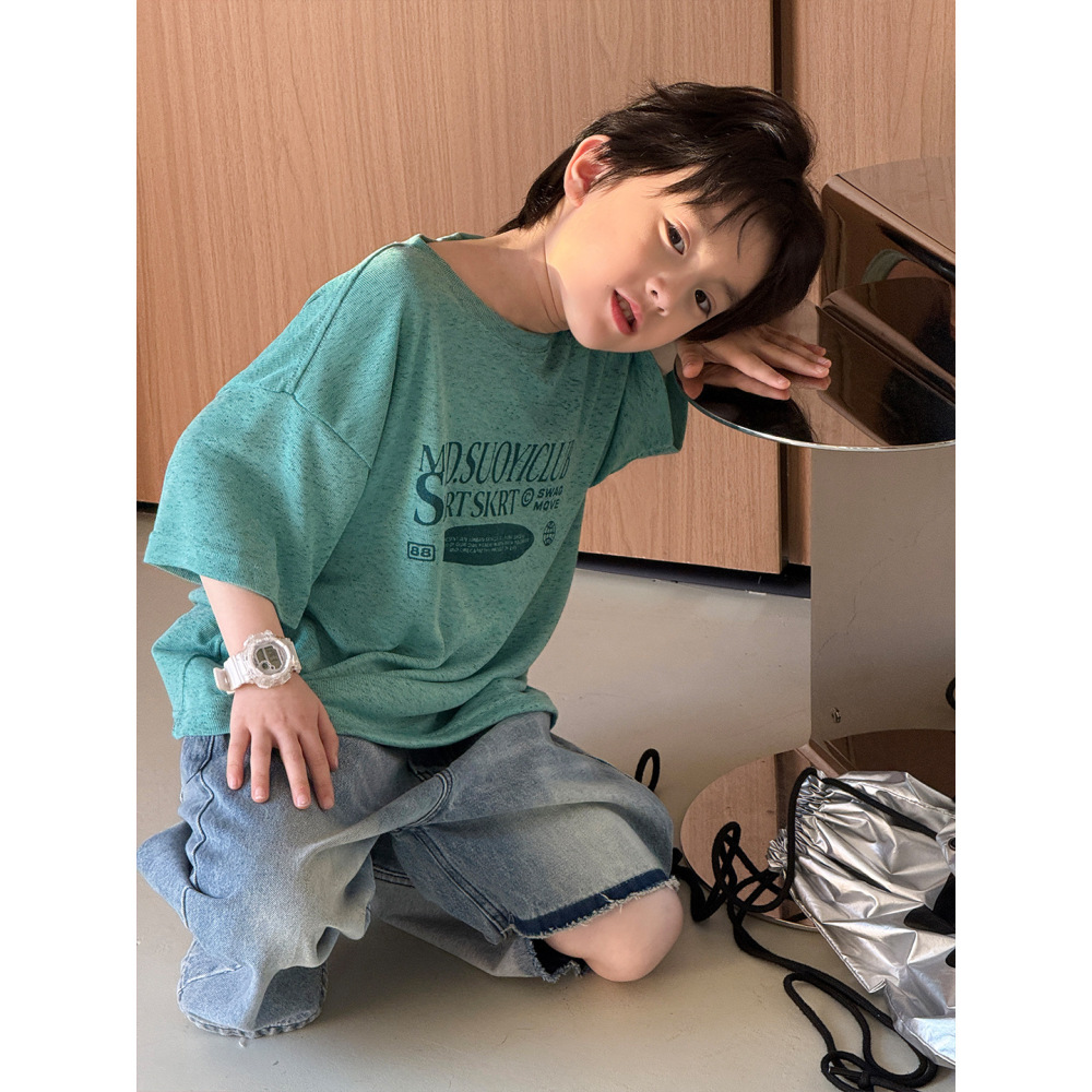 2026儿童短袖夏装男童新款美式字母印花半袖上衣薄款圆领套头T恤