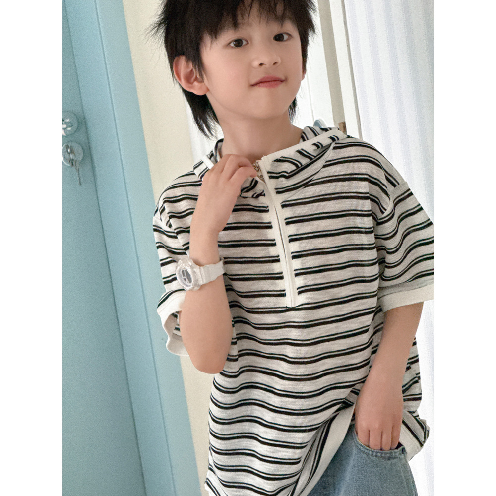 2026儿童短袖夏装男女童新款韩版撞色条纹设计套头连帽宽松T恤潮