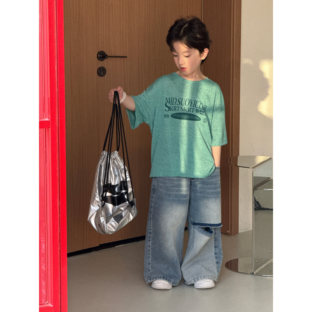 2026儿童短袖夏装男童新款美式字母印花半袖上衣薄款圆领套头T恤