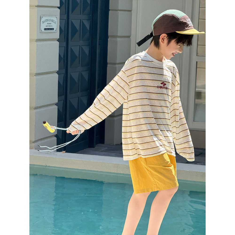 2026夏装韩版字母印花儿童长袖休闲轻薄柔软撞色条纹男女童T恤潮