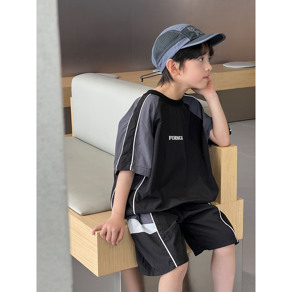 2026夏季新品韩版儿童宽松户外球服撞色数字印花两件套套装短袖潮