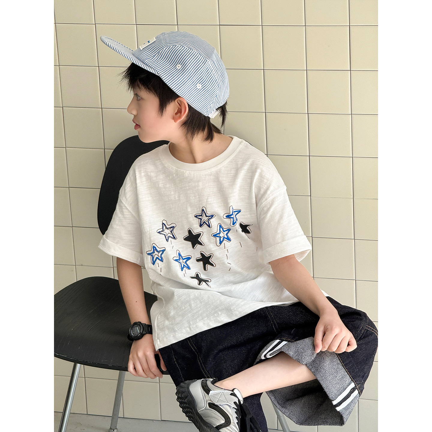 新品2026夏装韩版儿童星星印花短袖休闲舒适百搭款宽松男女童T恤